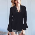 thumbnail image 2 of Holzkary Women's Long Bell Sleeve Tops Ruffle Blouse for Work Dressy Casual Work Tunic Shirts Clothes 2025 Fashion V Neck Drilling Solid Color Long Sleeve Blouses Light Weight Work Shirts Black L, 2 of 5