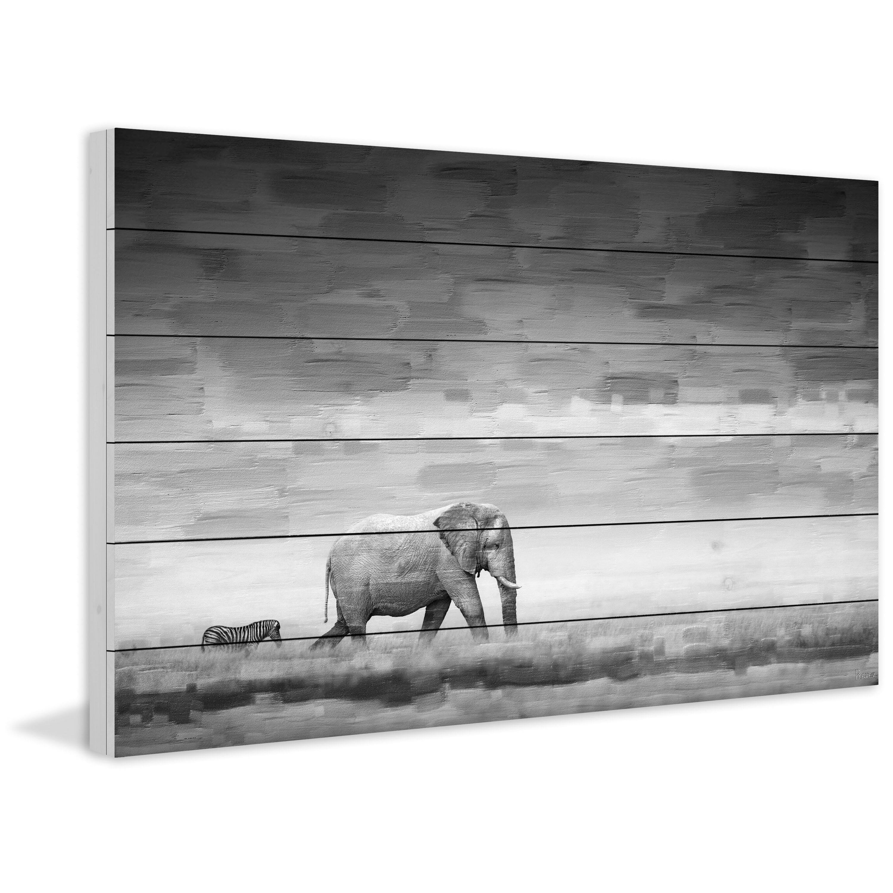 Parvez Taj  - Elephant Painting Print on White Wood 45 x 30