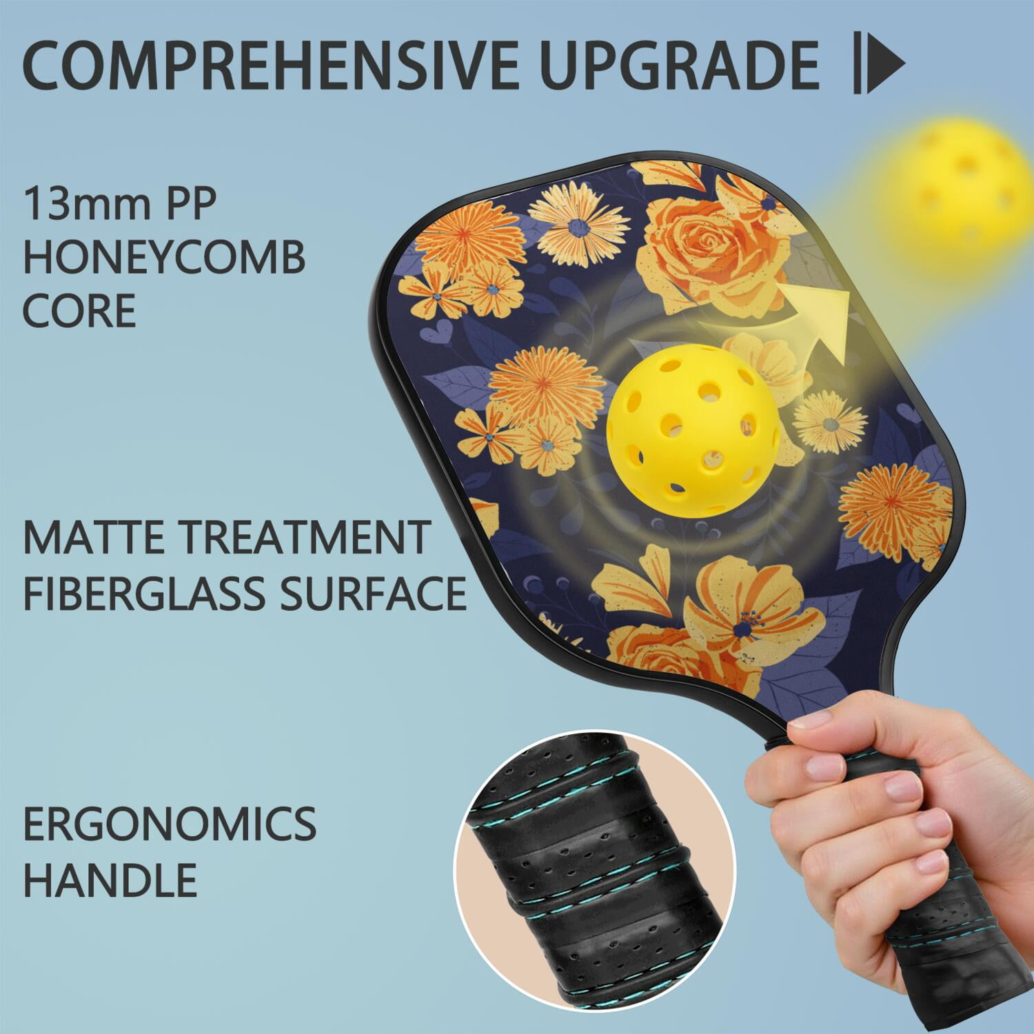 Pickleball Paddles Set Of 1, Fiberglass Surface, Vintage Floral Print, 1 Paddle, 2 Balls & Bag