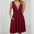 thumbnail image 1 of Vestido De Mujer Vestido de verano para mujer, vestido elegante con bolsillo, sencillo para fiestas navideñas (vino rojo XL) Cgtredaw Para estrenar, 1 of 1