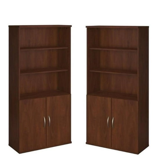 Home Square 5 Shelf Bookcase with Doors Set in Hansen Cherry (Set of 2)