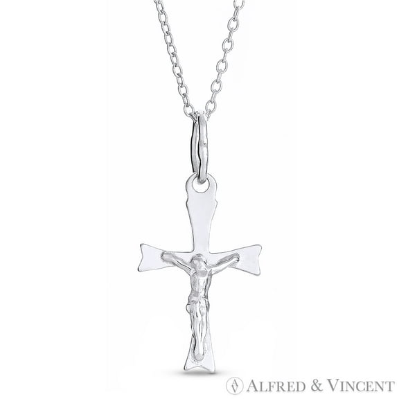 Jesus on Cross Pendant & Chain Necklace in .925 Sterling Silver w/ Rhodium