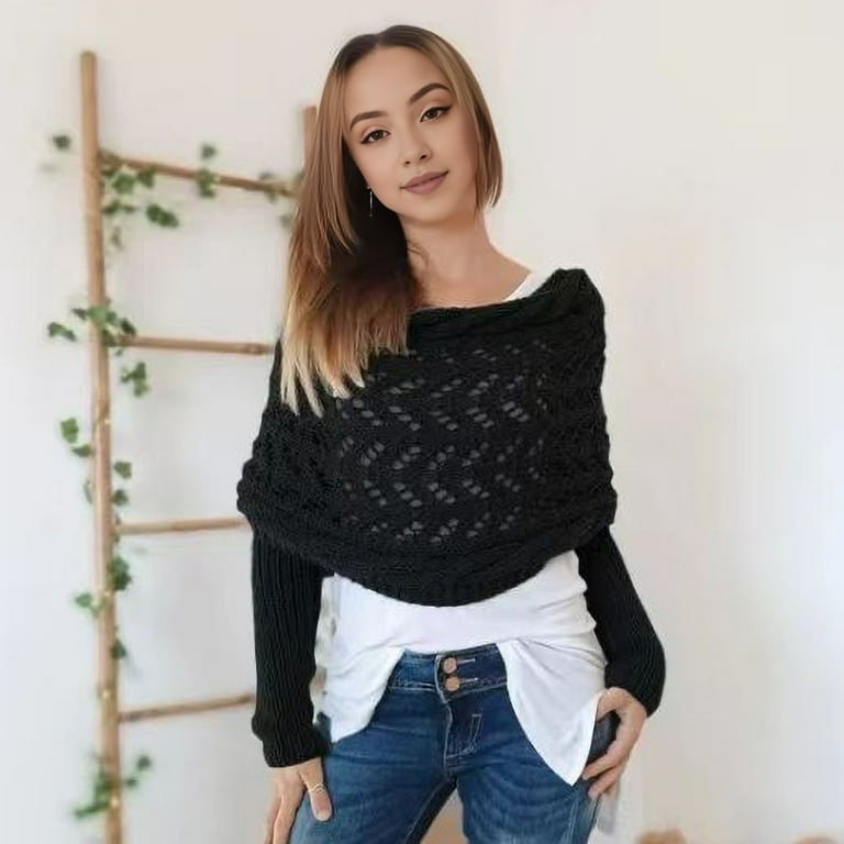 Eosunjian Knitted Cable Wrap with Sleeves Solid Color Hollow