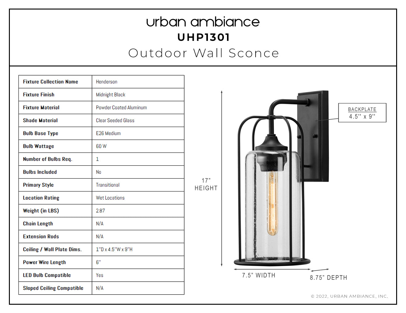 Luxury Farmhouse Wall Sconce, 17H x 7.5W, with Industrial Luxe Style, Midnight Black, UHP1301 by Urban Ambiance