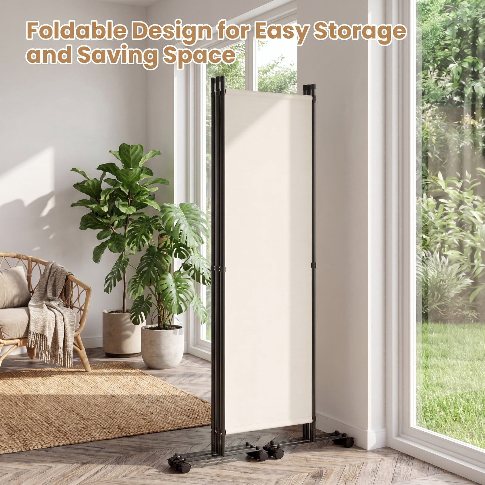 ALPULON 4-Panel Room Divider Freestanding Privacy Screen with 10 Lockable Wheels, Foldable Polyester Fabric Partition with Heavy-Duty Metal Frame for Living, Beige