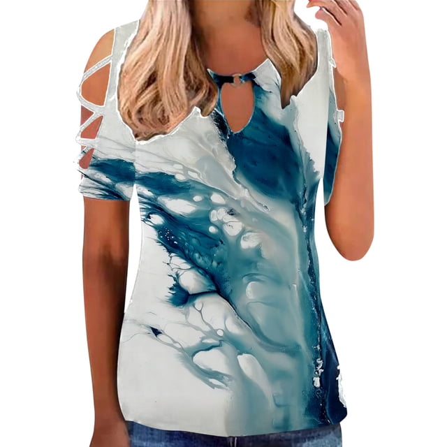 Gibobby Playera de Manga Corta con Cuello Redondo Camiseta manga corta con estampado flores y botones para mujer, camiseta manga corta, informal, Sexy, verano, para (Azul,G)