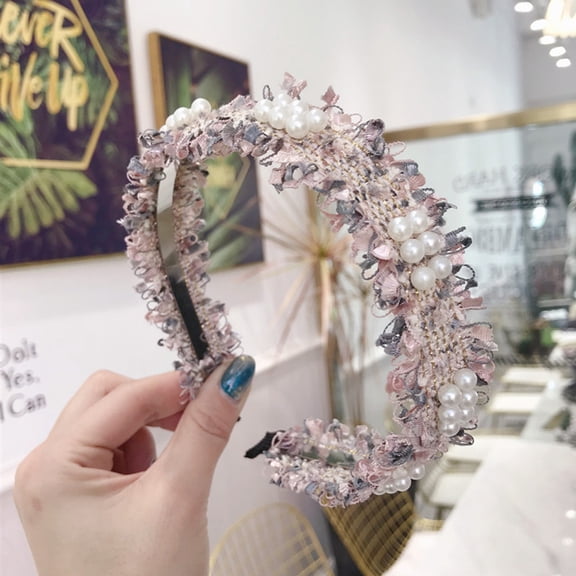VJGBEGW Wide Boho Floral Headband for Women Non-Slip Fabric Hair Hoop with Pearls Elegant Head Wrap & Hair Accessories Pink