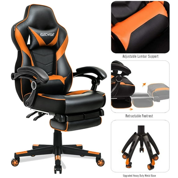 FULLWATT Video Gaming Chair Office Chair Ergonomic PC Computer Chair Reclining Racing Chair with High Back Swivel Executive Office Desk Chair with Extendable Footrest Adjustable Lumbar Pillow Orange