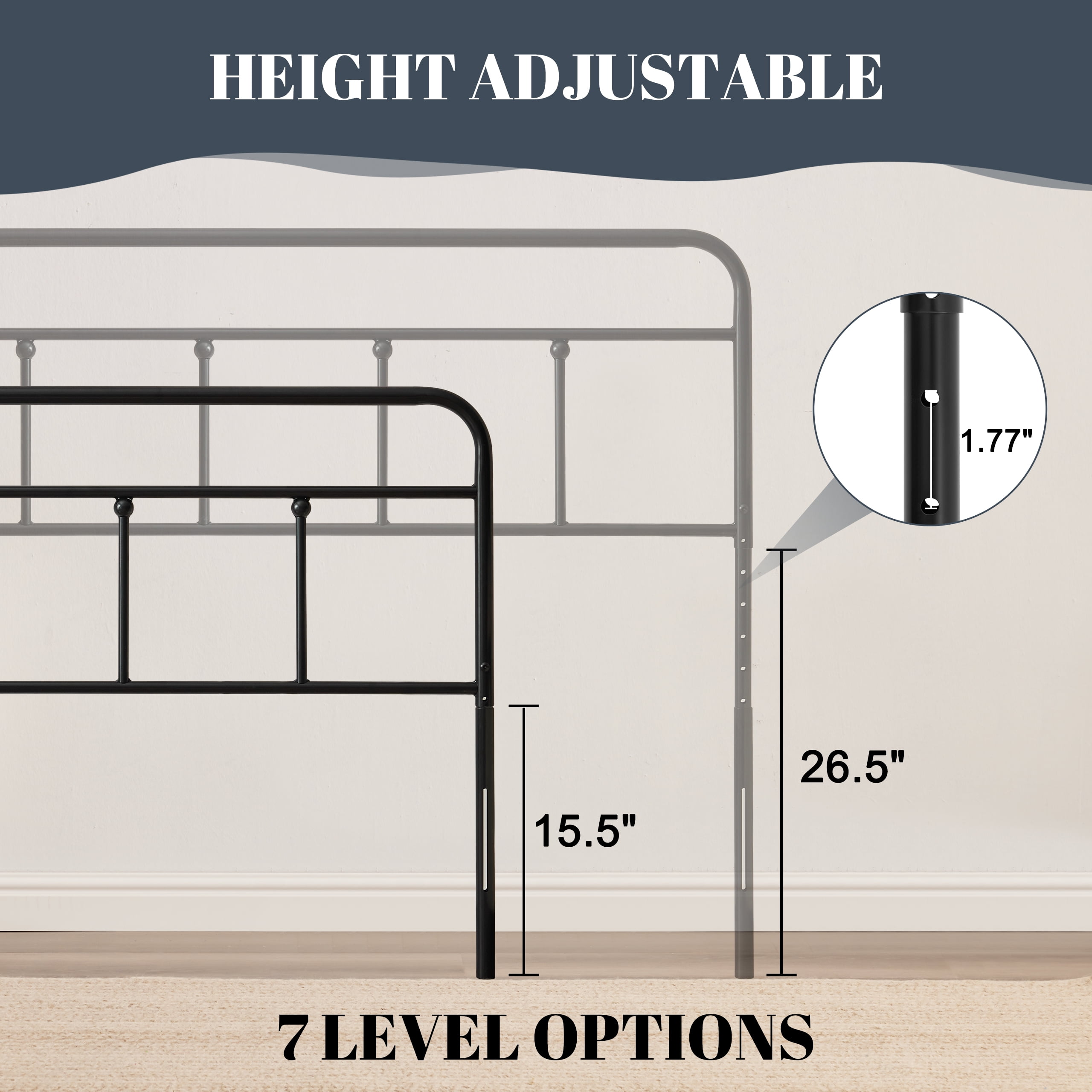 Huatean Twin Size Metal Headboard, Iron Head Board Adjustable Height from 34" to 44", Black