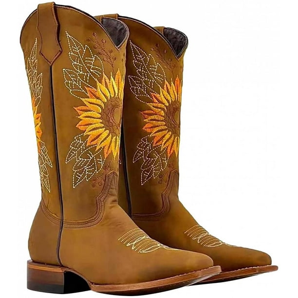 Women Sunflowers Embroidery Cowboy Boots Plus Size Western Pull On