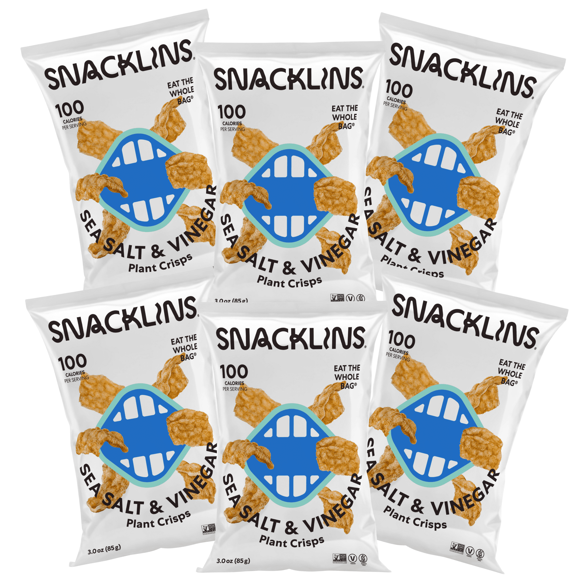 SNACKLINS Plant Based Crisps - Vegan Healthy - Gluten Free, Grain Free, Plant Based Crisps, 100% Kosher, Low Calorie - No Added Sugar, Crunchy, Puffed Snack - Sea Salt & Vinegar - 3oz (6Pack)