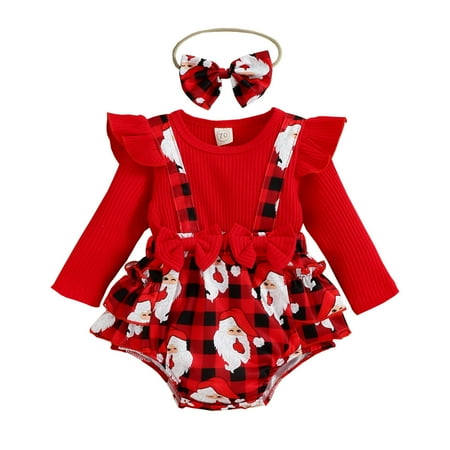 

Bjutir Toddler Boys Girls Bodysuits One-Pieces Christmas Ruffles Long Sleeve Plaid Santa Prints Bowknot Romper Bodysuits Headbands Set Red 3-6 Months