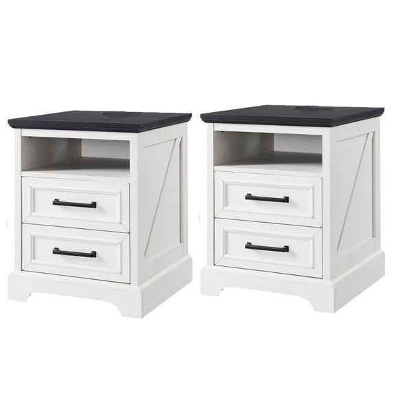 ACCOHOHO Nightstands Set of 2 with Charging Station, Rustic End Table with 2 Drawers Farmhouse Side Table with 3-tier Storage for Bedroom Living Room, White