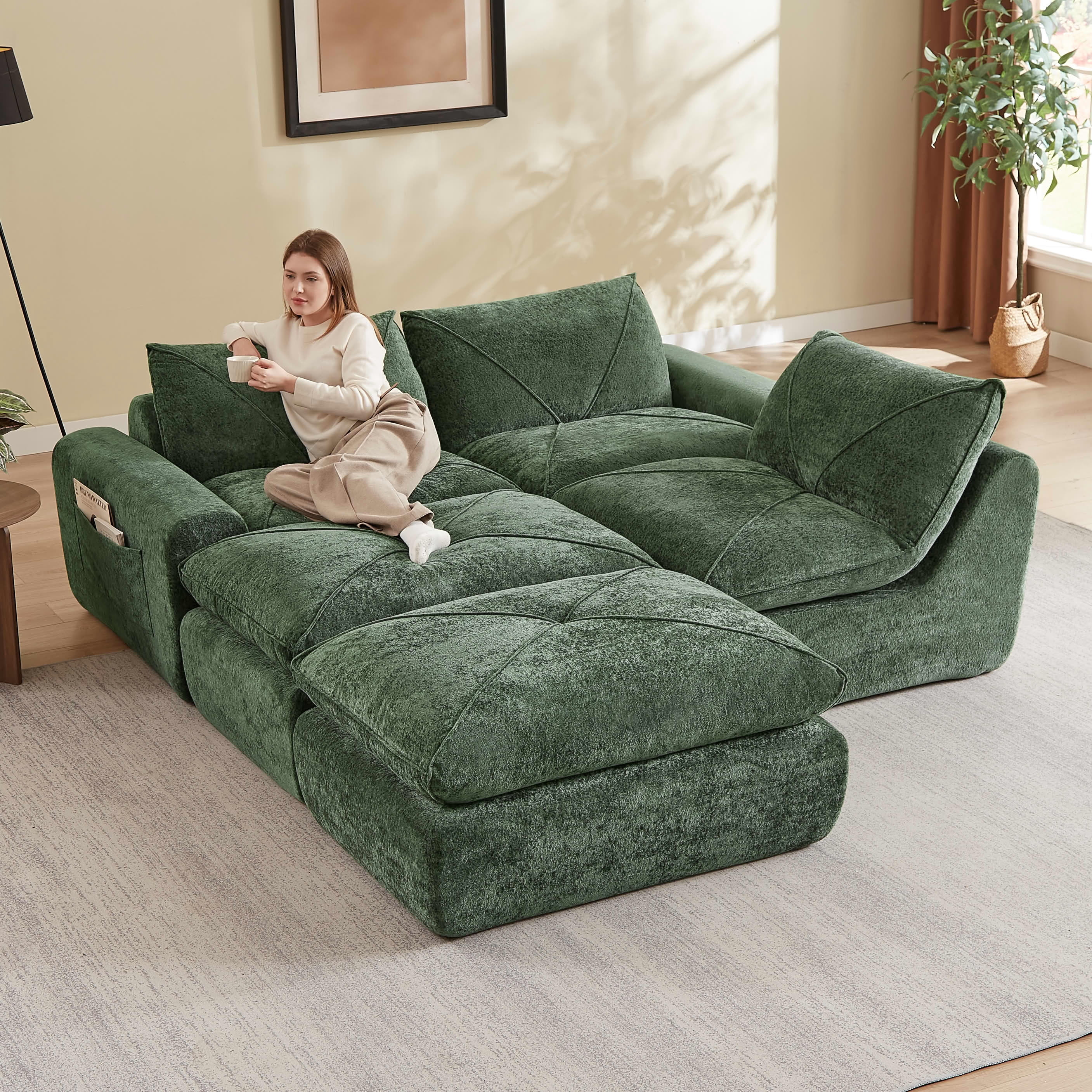 MAYEERTY 119" Green Chenille U-Shaped Modular Sectional Sofa, Spring Support for Living Room Apartment
