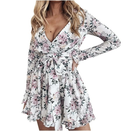 

Maxi Dress for Women Sundresses for Women Corset Dress White Dress Women s Trendy Casual V-Neck Printing Ruffle Long Sleeve Belt Dress on Clearance Dress Pants Women Flower Girl Dress White S