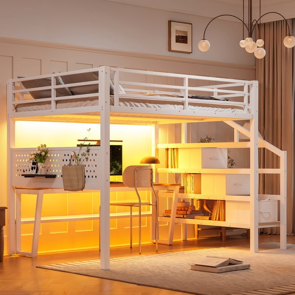 Harper & Bright Designs Full Size Loft Bed with Storage Drawers and Movable Desk, Metal Loft Bed Frame with Storage Stairs and Pegboard, Industrial Loft Bed with LED and Guardrai, Antique White