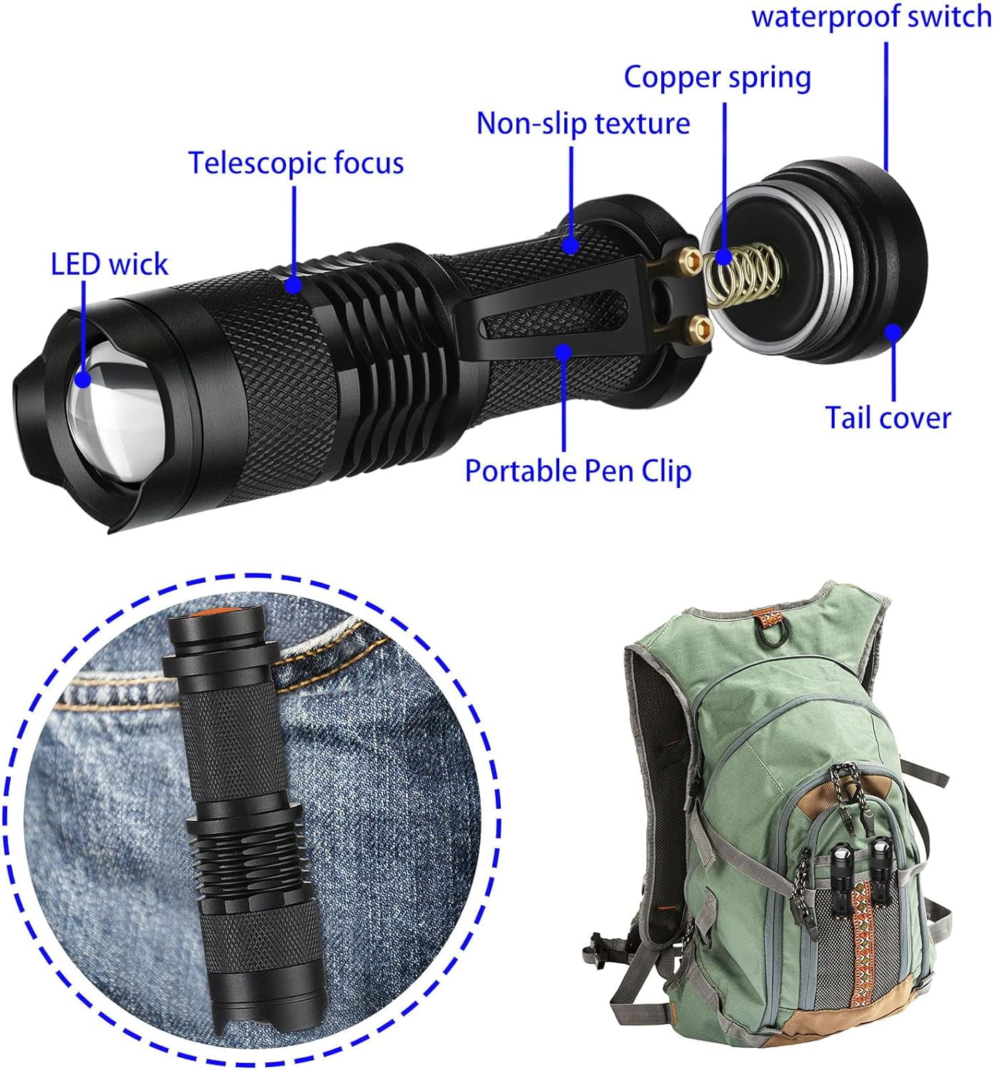 ABPETE 4 Packs Hunting Light Flashlights LED Torch with 3 Modes LED Zoomable Scalable Light Flashlight Torch for Fishing Hunting Night Observation, Batteries Not Included(Green)