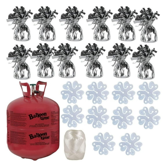 Balloon Time Disposable Helium Tank 14.9 cu.ft - 12 Silver Balloon Weights Curling Ribbon and Flower Clips