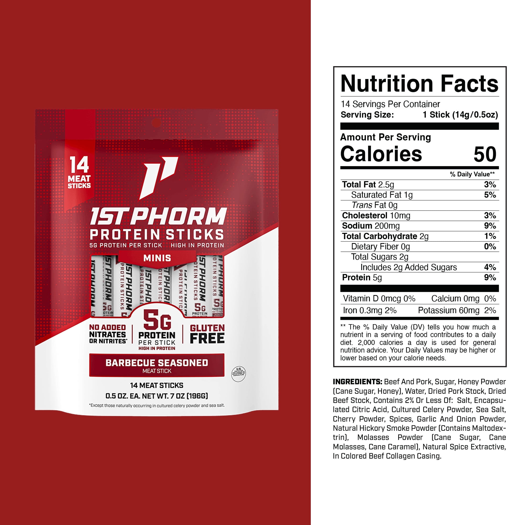 1st Phorm Protein Meat Stick Minis, Seasoned BBQ, 5g Protein Per 0.5 oz. Stick (14 Count)