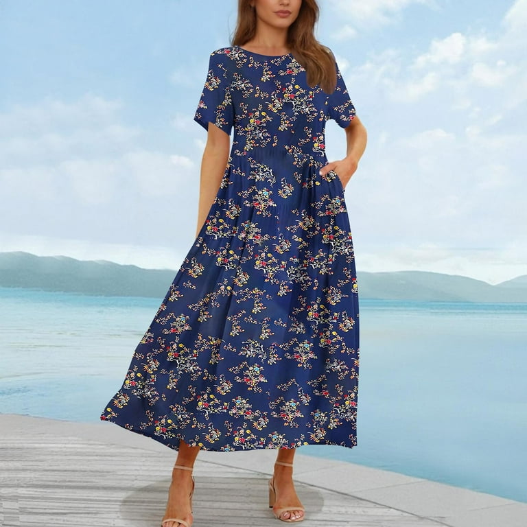 Navy Blue Floral Short Sleeve Floral Maxi Dress Floral Navy Blue
