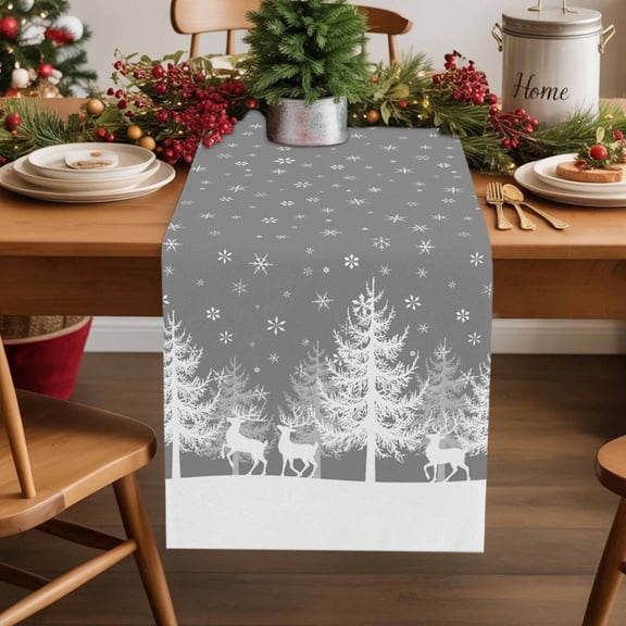 Grey Christmas Cotton Linen Long Table Runner 13 x 108 inch Xmas Tree Snowflake Elk Non-slip Rectangular Dining Table Decor for Wedding Party Holiday Dinner