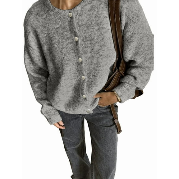 Womens Button Up Cardigan Sweaters Long Sleeve Crew Neck Fall Soft Knit Loose Sweater Tops Flower Gray L
