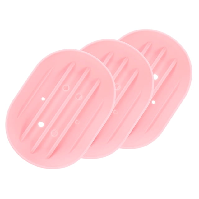 Juego de 3 platos de jabón pequeños, soporte de jabón de silicona en forma ovalada con agujeros para ducha, baño (Rosa)