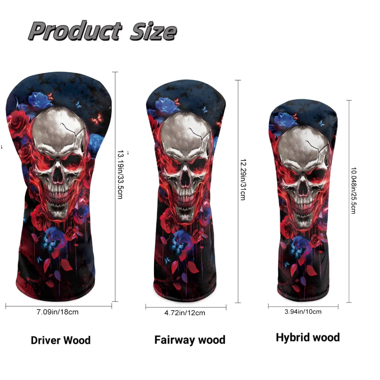 Uorisanigo Golf Headcovers Set Accessories, 3pcs Blue Butterfly Rose Skull Golf Club Head Covers - Golfs Driver Headcover, Fairway Wood Cover, Hybrid Cover - Headcovers for Club Protective