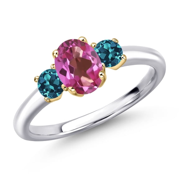Gem Stone King 925 Silver and 10K Yellow Gold Pink Mystic Topaz and London Blue Topaz Engagement Ring for Women | 1.24 Cttw | Oval 7X5MM | Gemstone November Birthstone | Size 7
