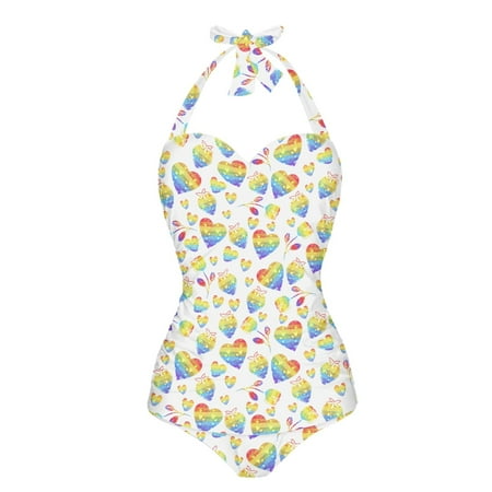 FKELYI LGBT Love Print One Piece Swimsuit Women s Cosy Swimwear Breathable Halter Bathing Suit Tummy Control Monokini with Soft Pad for Ladies Swimming Surfing  XL