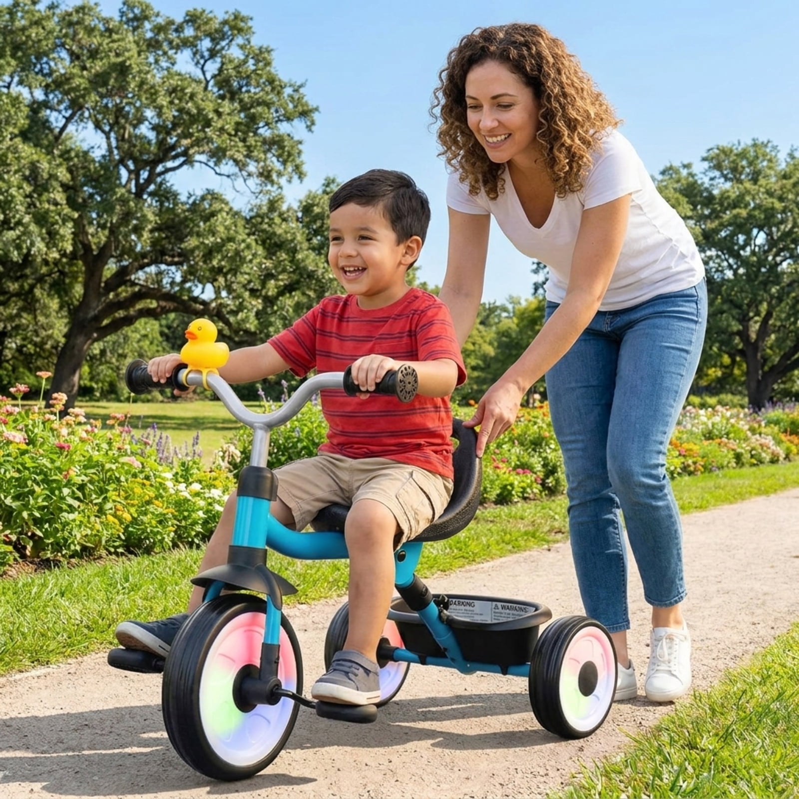 Redsmile Toddler Tricycle for 1-3 Years, Kids Trike with Light-Up Wheels, 3-Position Seat & Storage Basket, Foldable Push Walker Toy, Removable Pedals for Boys Girls, Christmas Gift, Blue
