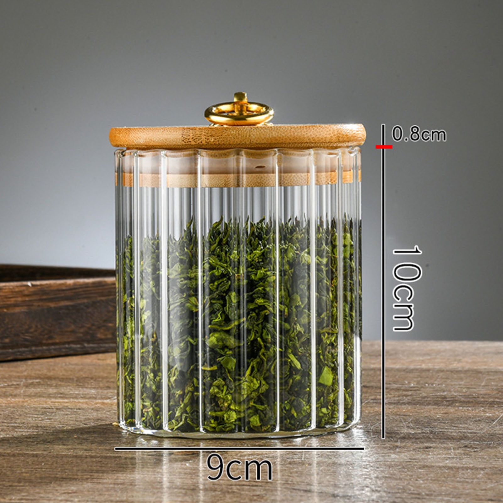 Vertical Grain Glass Jar Wood Lid Round Jar Container for Cereals Corns