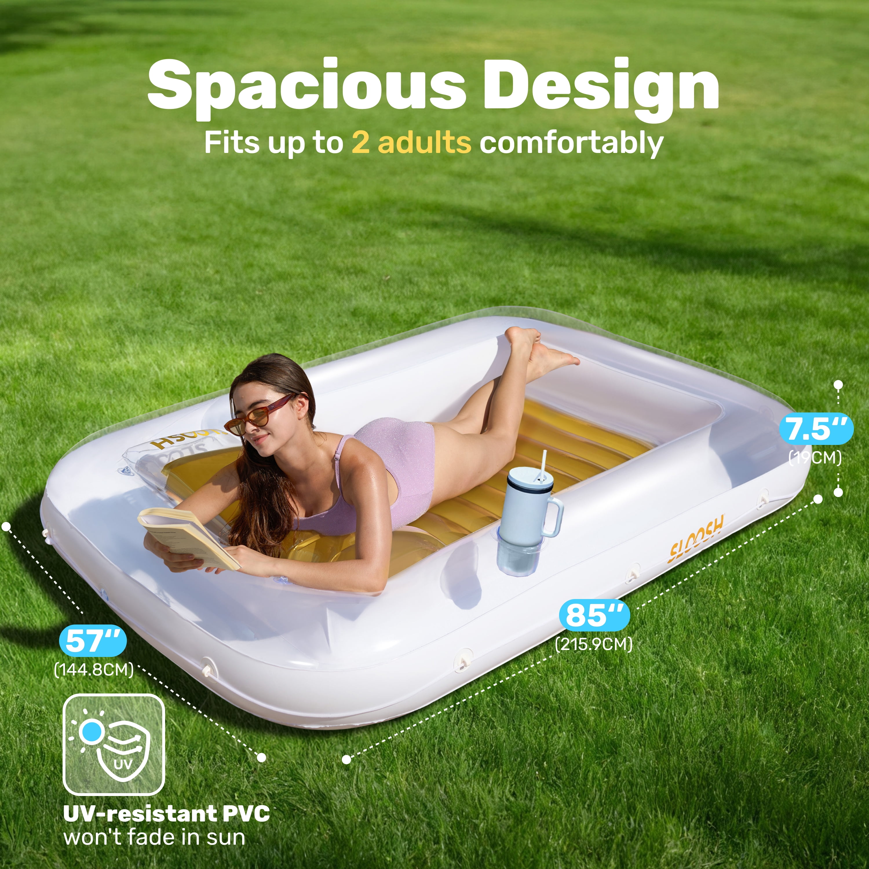 SLOOSH Inflatable Tanning Pool Lounger Float, 85" x 57" Extra Large Suntan Sun Tan tub for Adults, Tanning chair, Bed Blow up, Raft Lounge Floatie,XL-Golden White