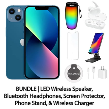 Restored Apple iPhone 13 128GB Blue Fully Unlocked with LED Wireless Speaker, Bluetooth Headphones, Screen Protector, Wireless Charger, & Phone Stand (Refurbished)
