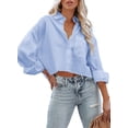 thumbnail image 2 of Langwyqu Turn-Down Collar Women Solid Button Crop Tops Lapel Blouse With Pocket, 2 of 5
