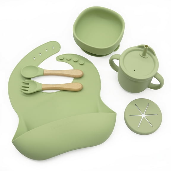 Rainbow & Butterflies |8 Piece| Silicone Baby Feeding Set β |Bib, Suction Bowl, Sippy Cup, 2-in-1 Straw & Snack Cup Lid, Straw, Spoon & Fork| β Food Grade Silicone, BPA Free