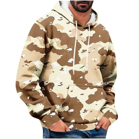 Raeneomay Long Sleeve Shirts for Men Printed Fashionable Casual Pocket Long Sleeved Hooded SweatShirt