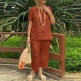 thumbnail image 2 of Women's Cotton Linen 2 Piece Outfit V Neck Shirt Wide Leg Pants Sets Solid Color Soft Tracksuits Elegant Lounge Sets Loose Clothes for Ladies Short Sleeve Casual Orange L, 2 of 6