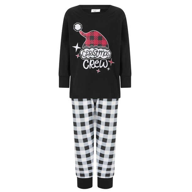 Pijamas navideños para toda la familia: camisetas de manga larga con estampado de gorro de Papá Noel y pantalones a rayas. Ropa de dormir navideña.