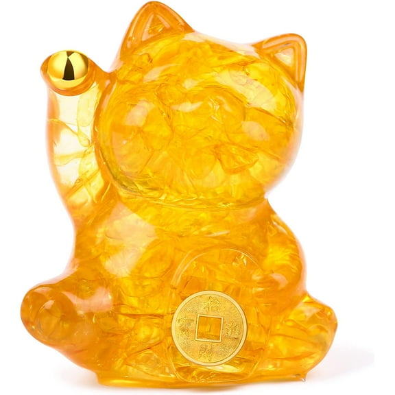 Holzlrgus Yellow Crystal Lucky Cat Figurine Hand Carved Maneki Neko Money Cats Statue Feng Shui Decoration for Home Office Attract Good Luck Money Wealth with Gift Box