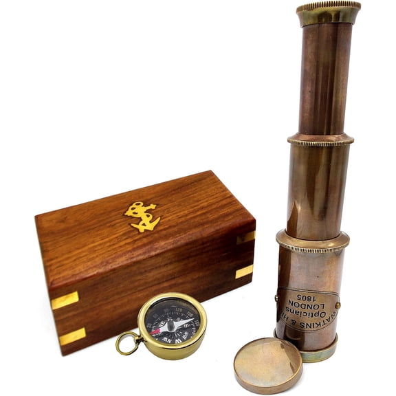 Nautical Brass Spyglass Telescope with Wooden Box, Brass Pirate Brass Telescope, Spyglass Collapsible Monocular Decorative Telescope