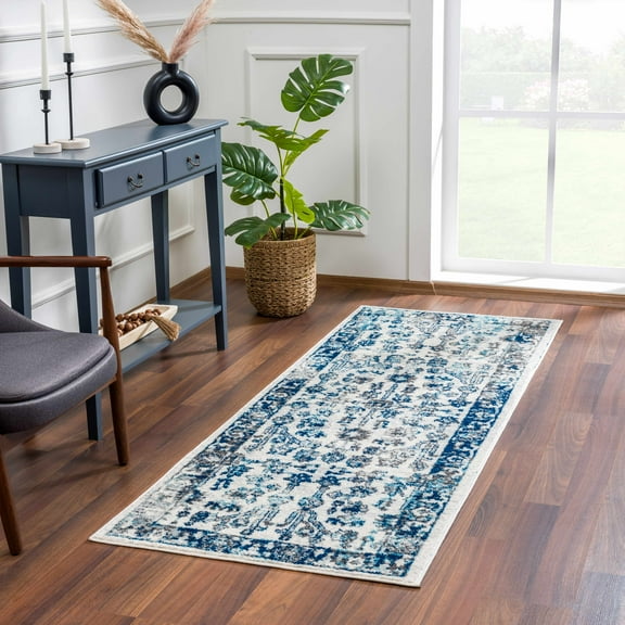 Hauteloom Istanbul Collection Bohemian, Boho Runner Rug for Living Room Bedroom - Traditional Oriental Style - Vintage Distressed - Blue, Grey, Beige - 2'7" x 7'3"
