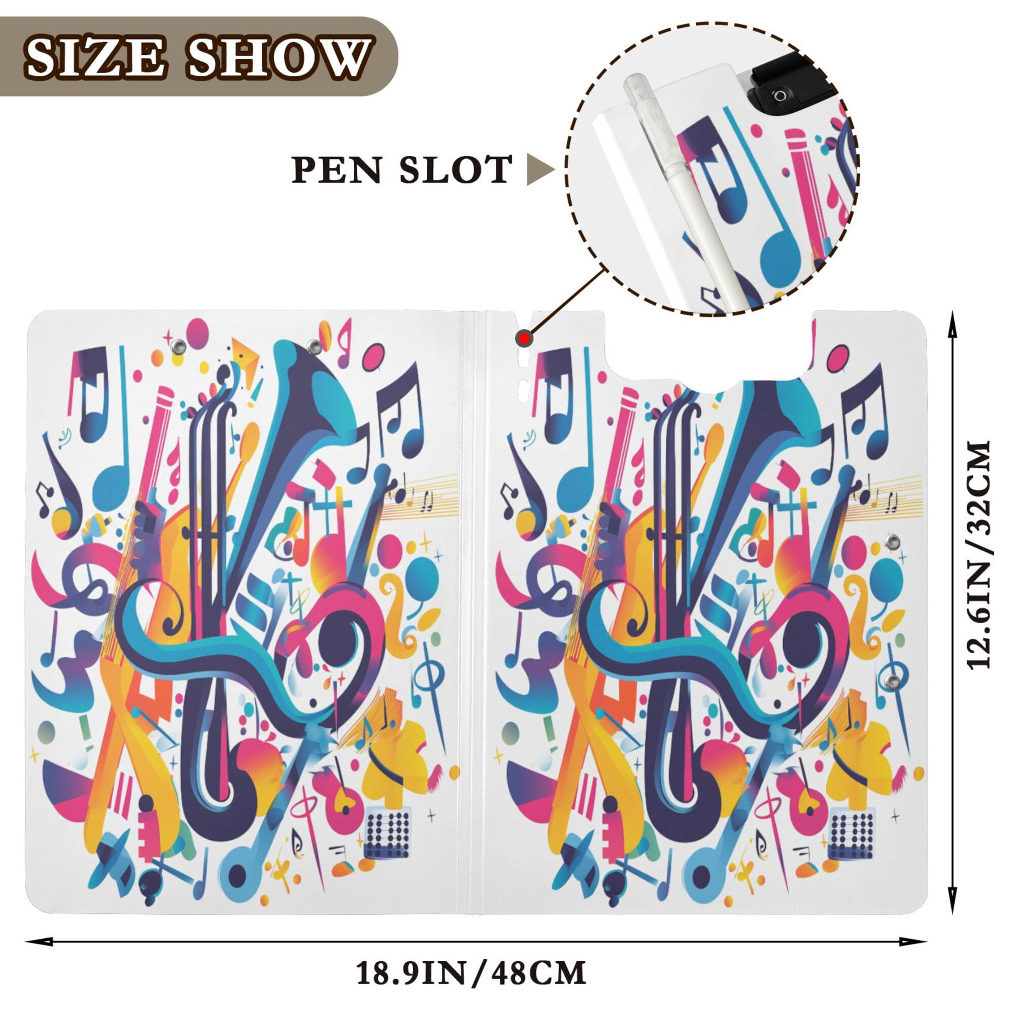 FORMRS A4 Clipboard Folder with Pen Holder Horizontal Foldable School Office Binder, Musical Pattern