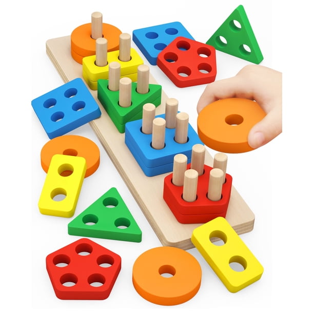 Pebira Montessori Juguetes para niños de 1 a 3 años Niñas Niños pequeños Juguetes de madera para clasificar y apilar para niños pequeños y niños Juguetes educativos preescolares Reconocimiento de colo