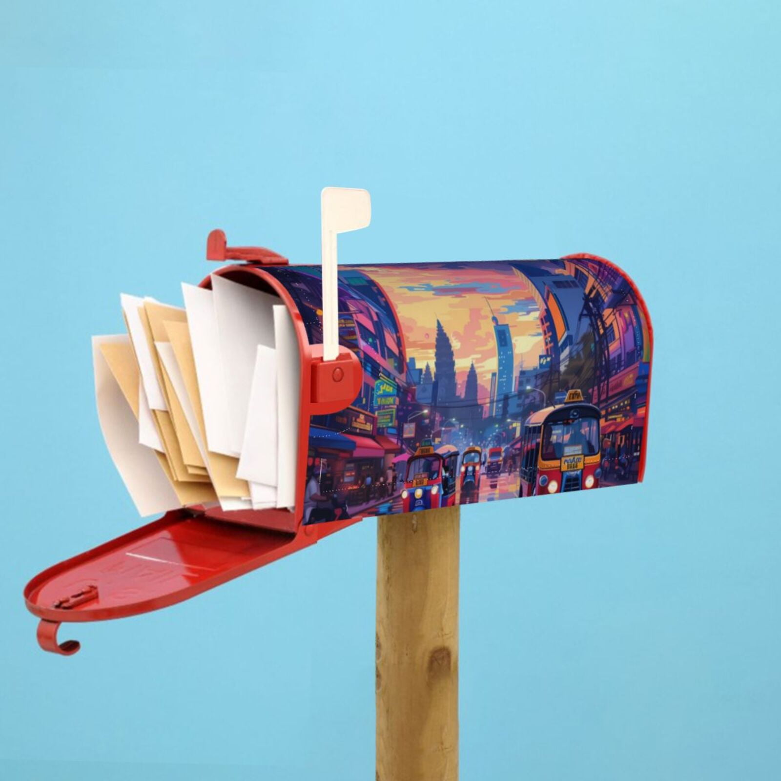 Logiee Taxi Colorful Town Print Post Letter Box Wrap Decor, Mailbox Cover Suitable for Standard Mailbox and Large Size Mailbox,Outdoor Yard Decoration-21x18 in
