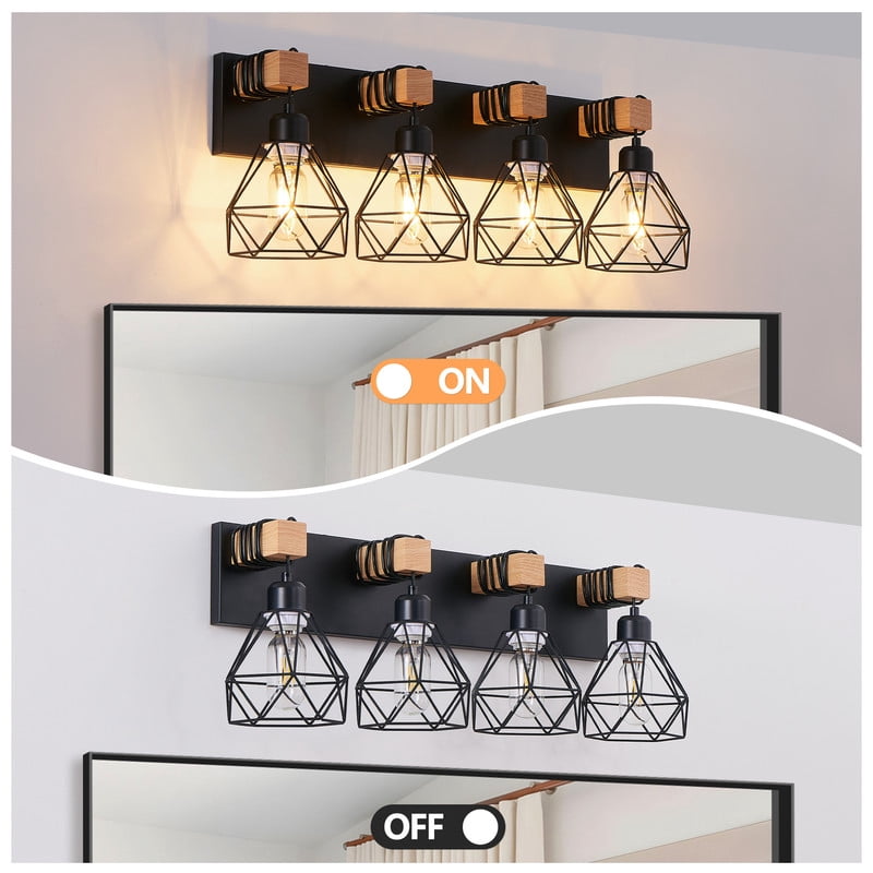 24" Modern Geometric 4-Light Vanity Light Fixture with Black Metal and Wood Accents, Cage Lampshade for Bathroom, Bedroom, Living Room (Bulbs Not Included)