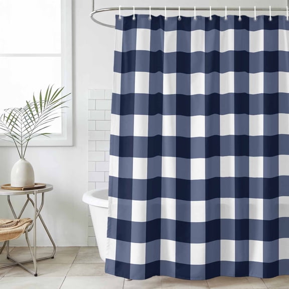 Navy Blue Check Waterproof Shower Curtain, Large 72"x78" Washable Polyester Fabric Shower Curtains for Bathroom, Farmhouse Buffalo Plaid Blue Decorative Bathtub Curtain Sets with Hooks