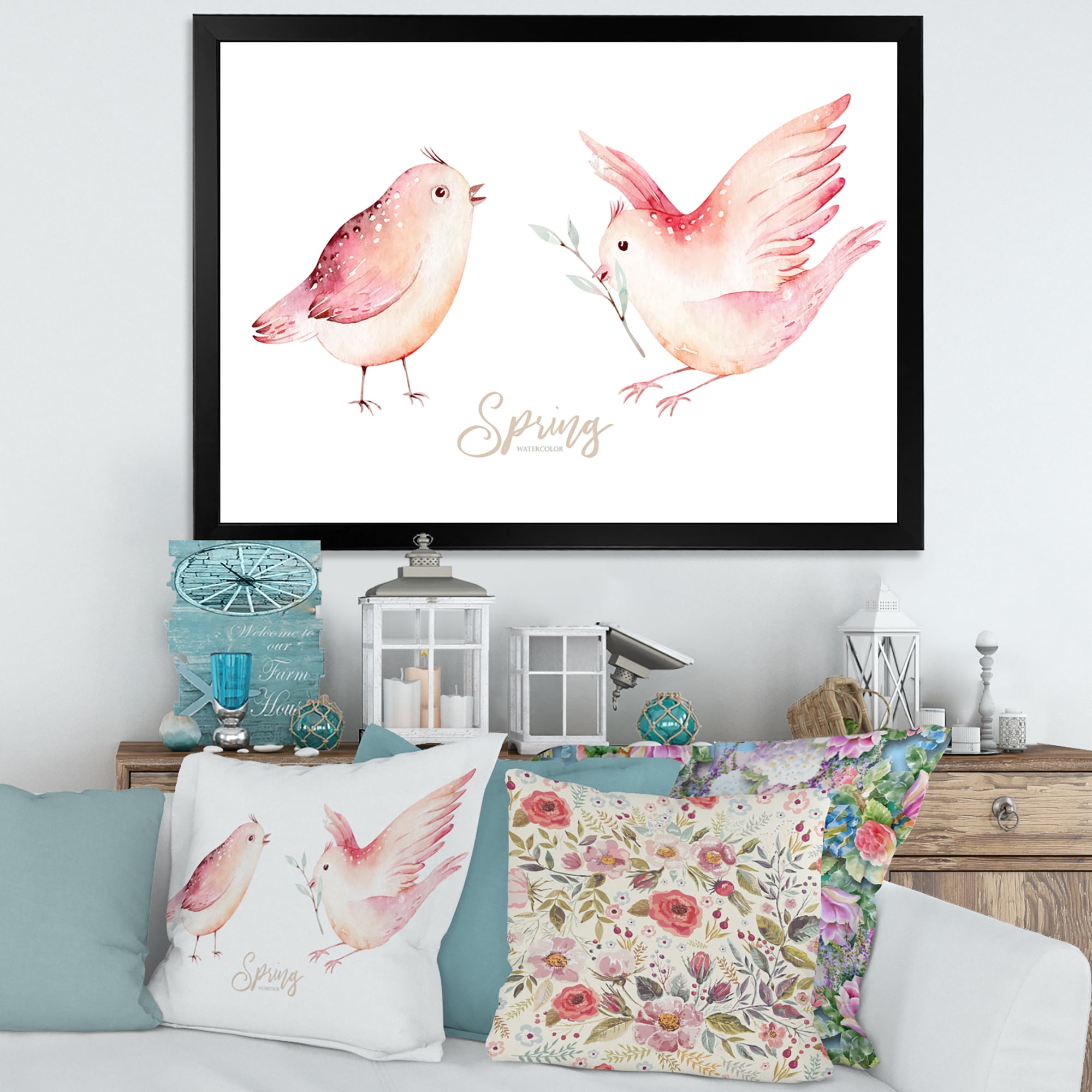 Spring Bird With Green Leaves On White 40 in x 30 in Framed Painting Canvas Art Print, by Designart