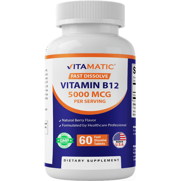 Vitamatic Vitamin B12 5000 mcg – 60 Fast Dissolve Tablets Berry Flavor – Supports Energy Production & Nervous System Health – Non-GMO, Gluten-Free