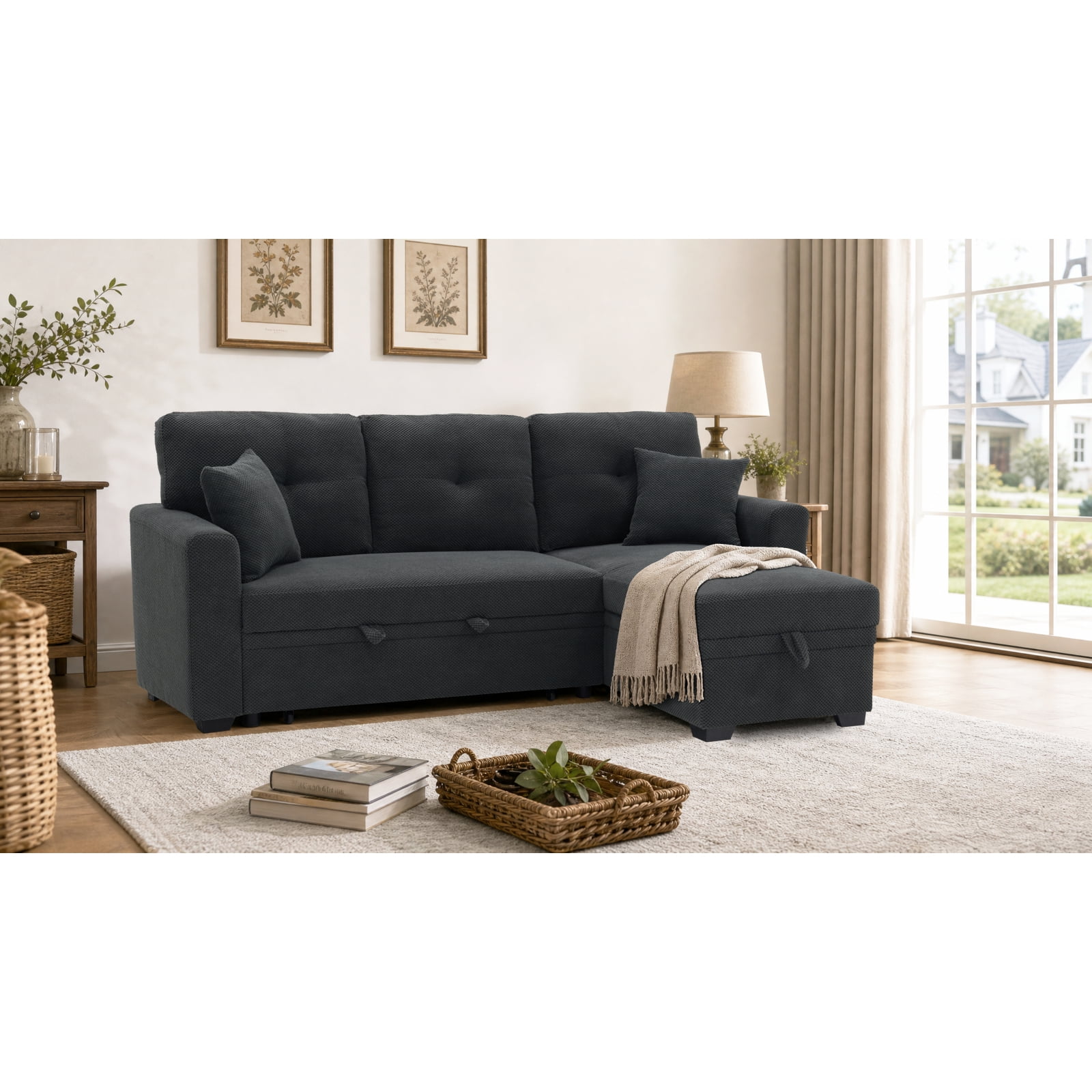 Sleeper Sofa Sectional with Pull-Out Bed Reversible Chaise Storage Sectional Dark Gray breathable fabric Small Space Solution Convertible Sofa Bed Living Room Furniture L-Shaped Sofa No4233